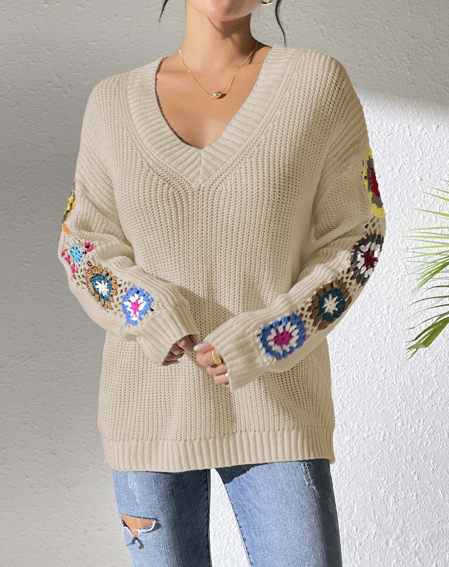 2024 Cozy V-Neck Crochet Sleeve Sweater