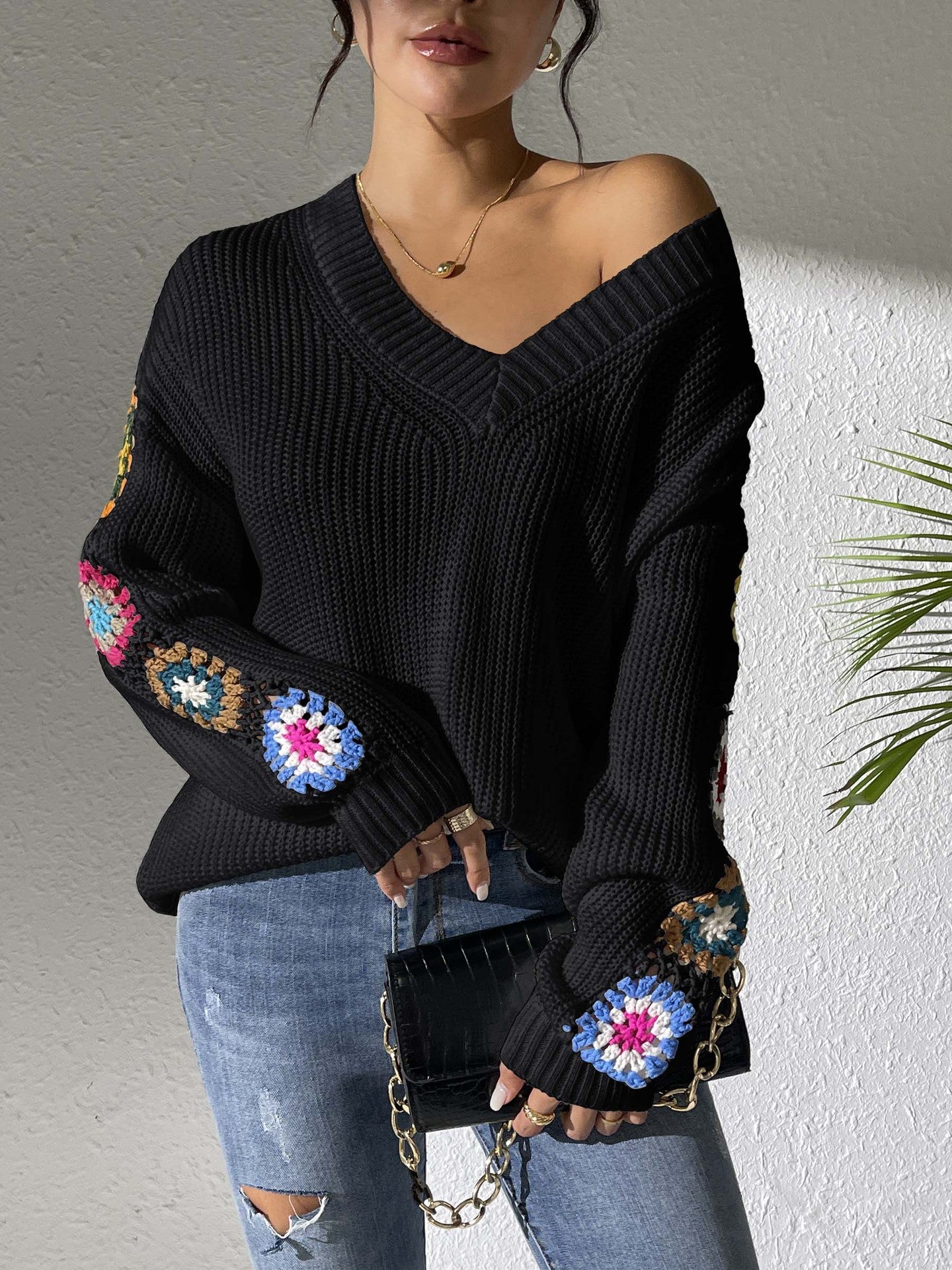 2024 Cozy V-Neck Crochet Sleeve Sweater