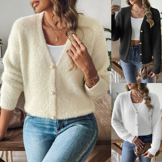 Pearl-Buttoned Autumn & Winter Fuzzy Cardigan