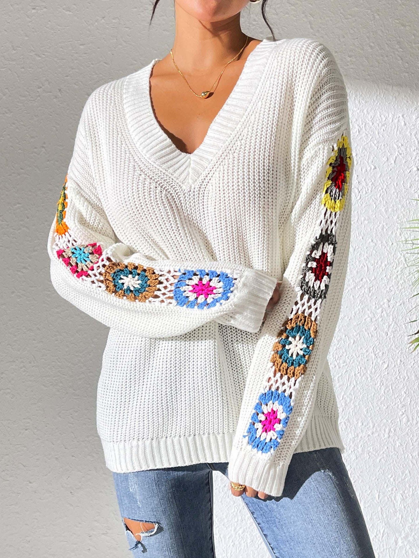 2024 Cozy V-Neck Crochet Sleeve Sweater