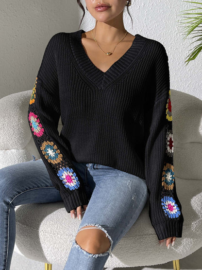 2024 Cozy V-Neck Crochet Sleeve Sweater