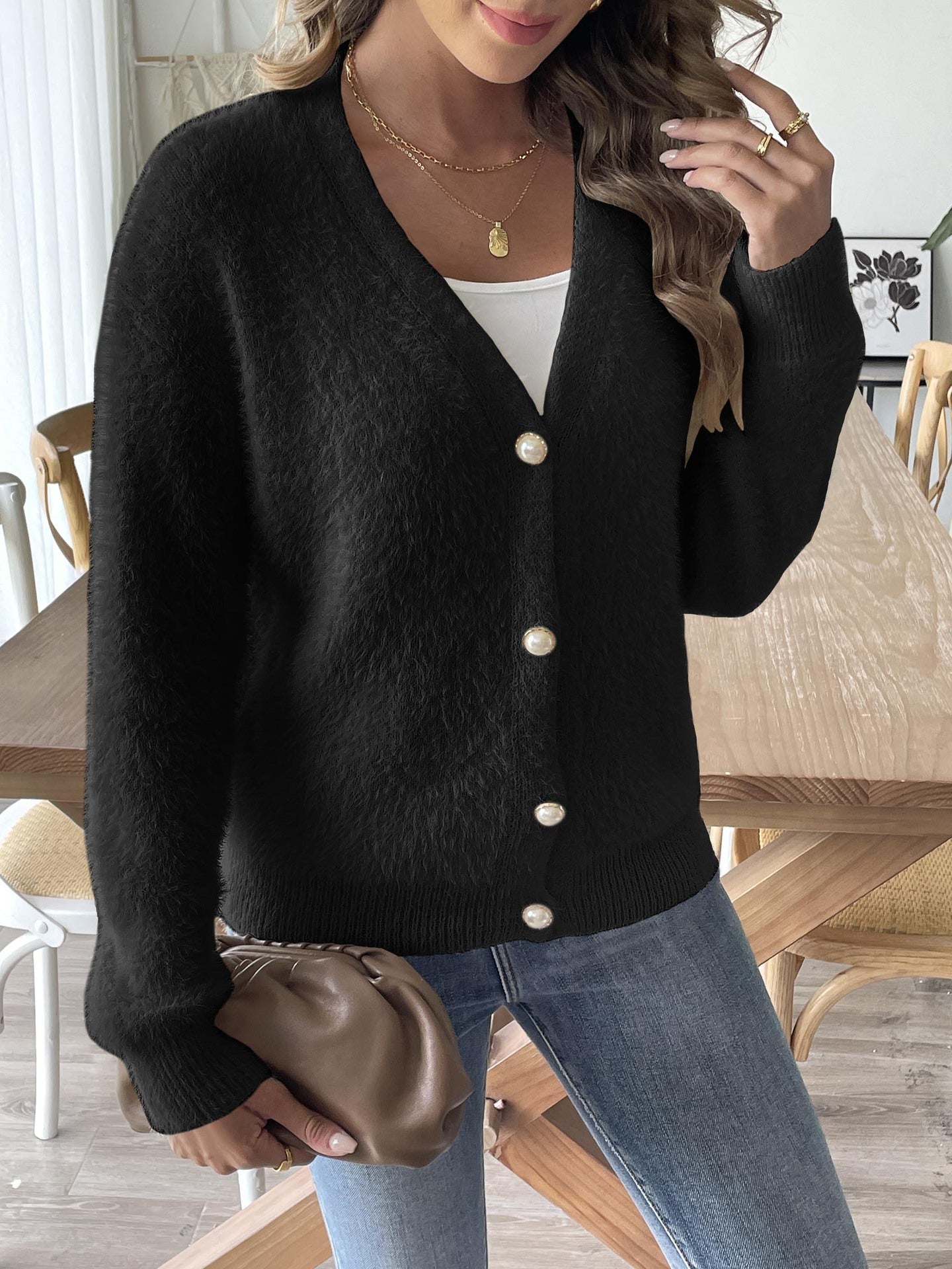 Pearl-Buttoned Autumn & Winter Fuzzy Cardigan