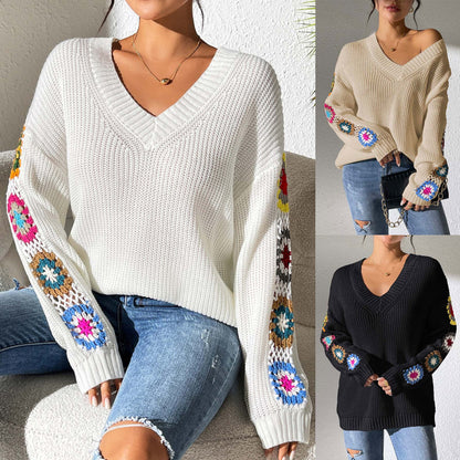 2024 Cozy V-Neck Crochet Sleeve Sweater