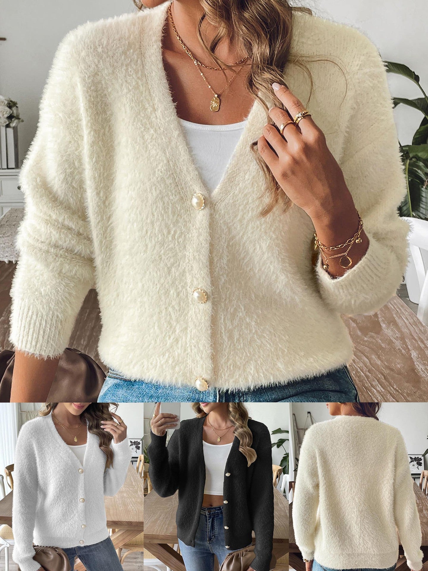 Pearl-Buttoned Autumn & Winter Fuzzy Cardigan