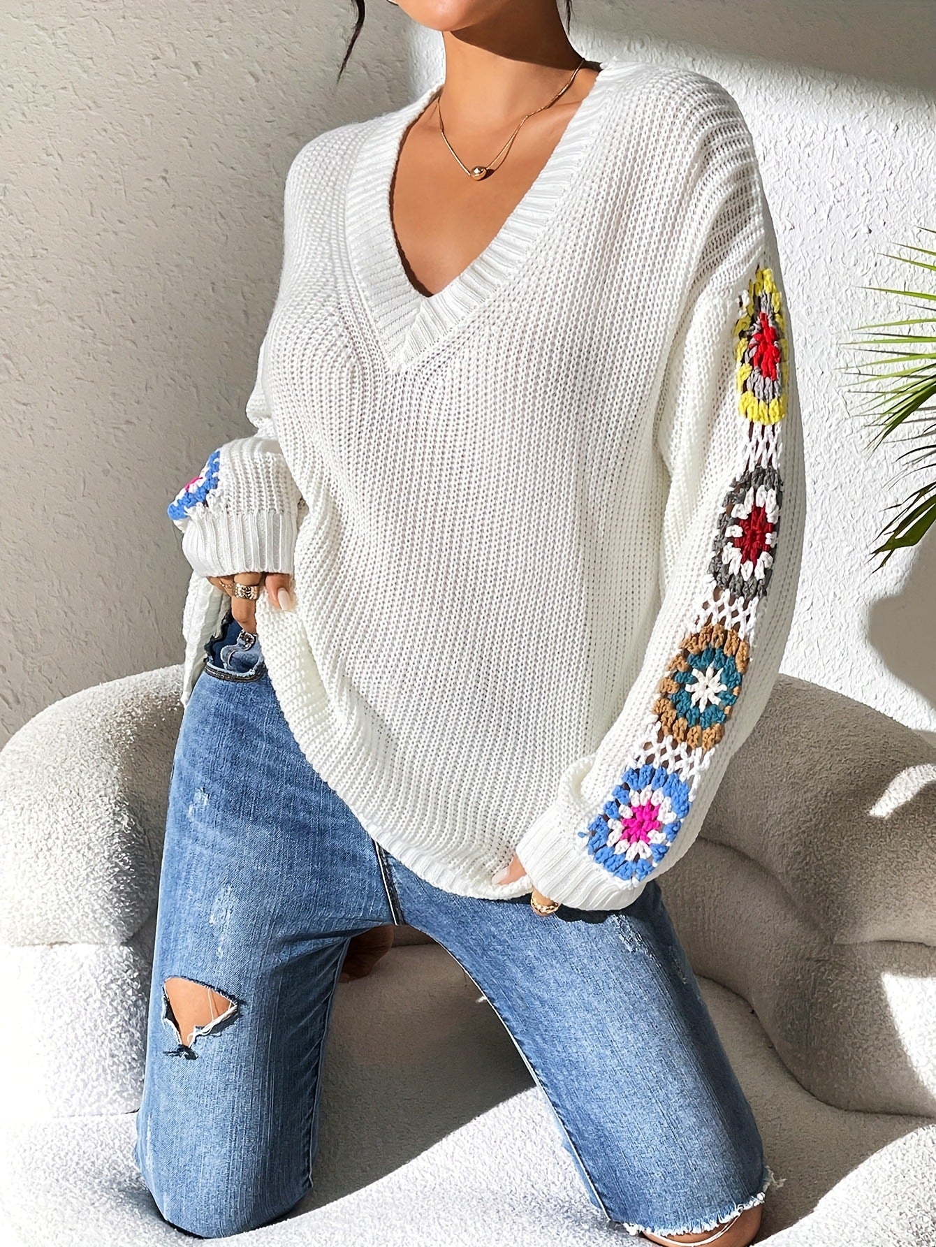 2024 Cozy V-Neck Crochet Sleeve Sweater