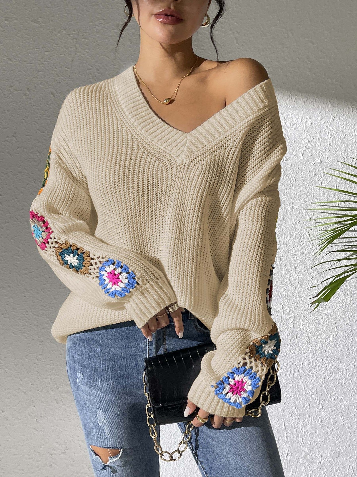 2024 Cozy V-Neck Crochet Sleeve Sweater