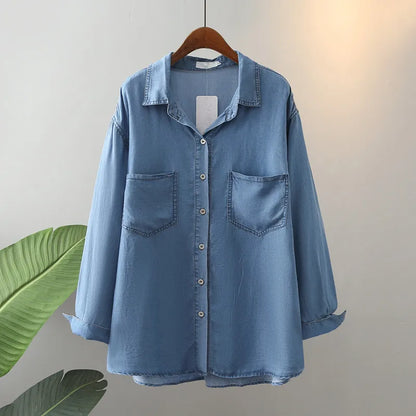 Plus Size Relaxed Denim Lapel Shirt