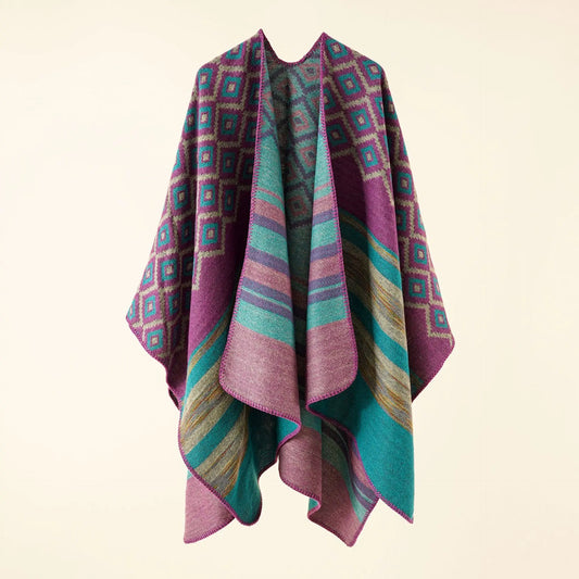 Cozy Geometric Stripe Shawl Poncho