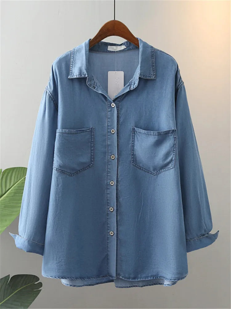 Plus Size Relaxed Denim Lapel Shirt